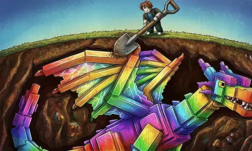 Colorful rainbow dragon made of Minecraft blocks emerging from the ground, with a child digging above it, symbolizing creativity and discovery in Minecraft gaming.