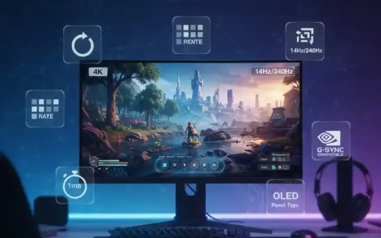 Quality gaming monitor featuring 4K resolution, 144Hz refresh rate, G-SYNC compatibility, OLED panel, and 1ms response time for smooth, immersive gaming experiences.