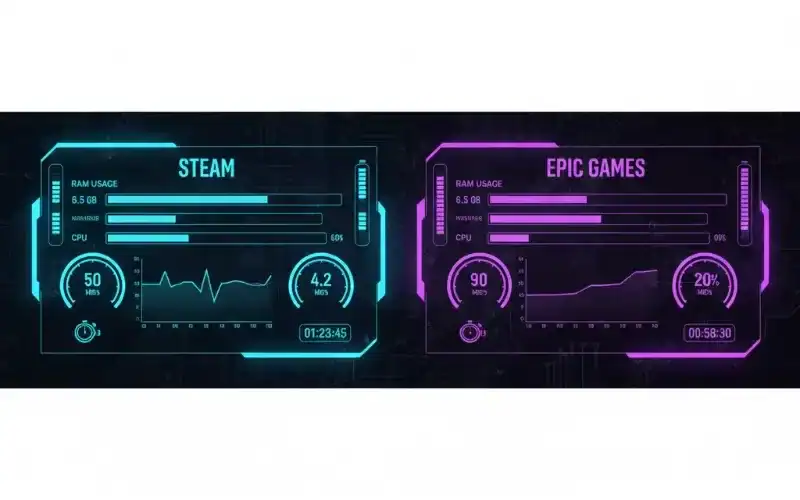 Side-by-side comparison of Steam and Epic Games performance metrics, showing RAM usage, CPU load, and gameplay duration for each platform.