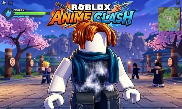 Roblox Anime Clash game scene featuring a character with orange hair and a blue scarf in a vibrant, animated environment with cherry blossom trees and other players in the background.