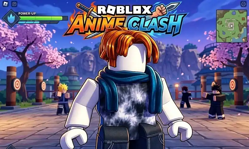 Roblox Anime Clash game scene featuring a character with orange hair and a blue scarf in a vibrant, animated environment with cherry blossom trees and other players in the background.