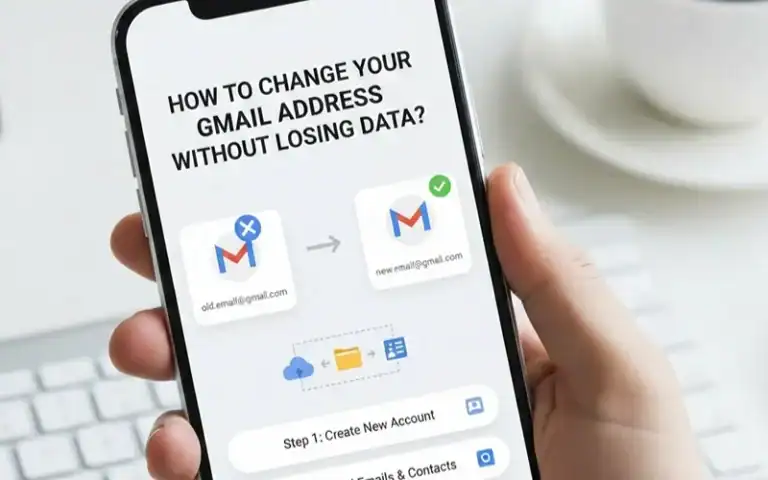Smartphone displaying a guide on changing Gmail address without losing data, showing old and new email icons with step-by-step process.