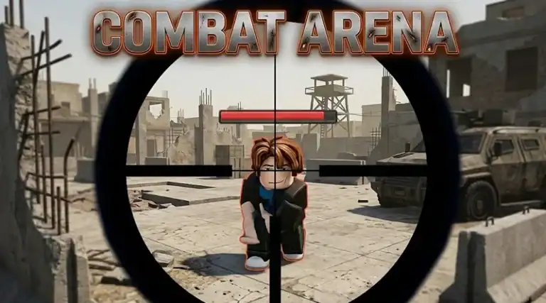 In-game sniper view of a character aiming in Combat Arena, a popular mobile shooter game, with a war-torn city background.