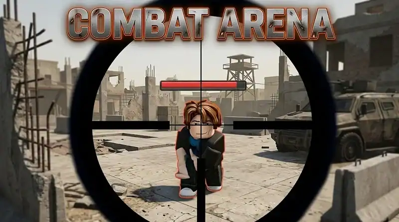In-game sniper view of a character aiming in Combat Arena, a popular mobile shooter game, with a war-torn city background.