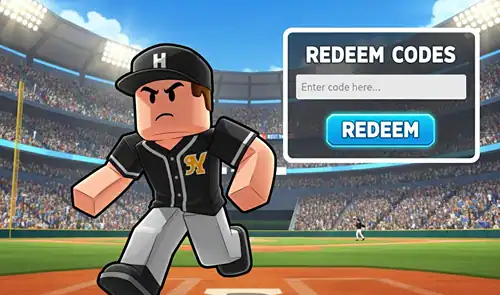 Cartoon baseball player in stadium with redeem codes screen for Home Run Simulator game, showcasing code entry and redemption process.