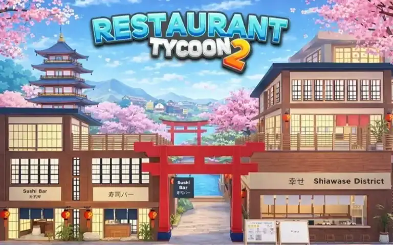 Colorful digital illustration of Restaurant Tycoon 2 featuring Japanese-style buildings, cherry blossoms, and a scenic mountain backdrop, emphasizing gameplay and restaurant management themes.