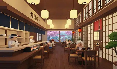 Cozy Japanese sushi restaurant interior with traditional decor, wooden furniture, and large windows showcasing cherry blossoms outside. Perfect for dining and relaxing.