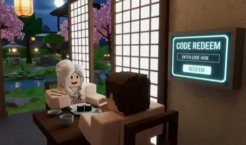 Virtual scene of two Roblox avatars at a restaurant table with a digital code redemption sign on the wall, set in a peaceful outdoor garden environment.