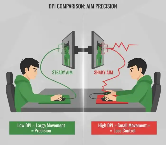 Aim precision with steady aim versus shaky aim with high DPI.