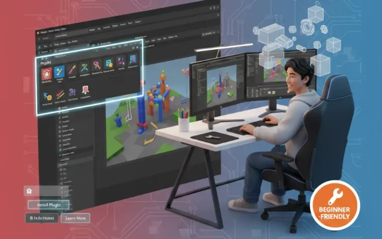 Roblox Studio interface showing plugins toolbar with F3X Building Tools and beginner developer working on game development