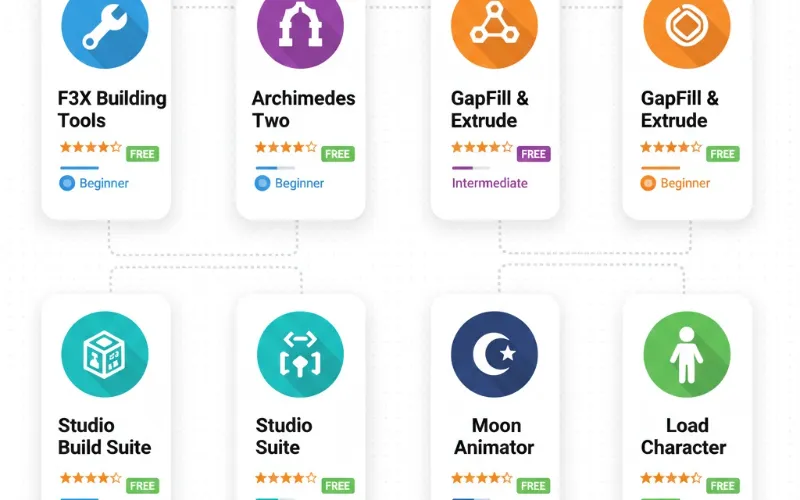 Four-step visual tutorial showing how to install Roblox Studio plugins from Creator Store with annotated screenshots