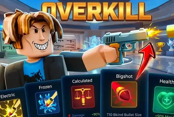 Roblox Overkill game screenshot showing a character with a gun and upgrade options for weapons and health.