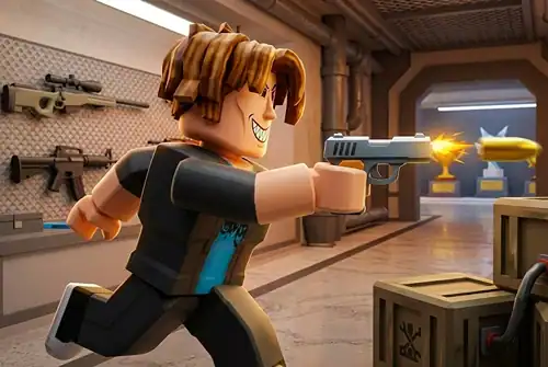 Roblox character using a gun in a game store setting, related to Overkill Codes for free coins and redemption.