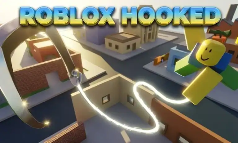 Roblox Hooked game featuring a character with a hook and a glowing path, showcasing in-game features and codes for free gold rewards.