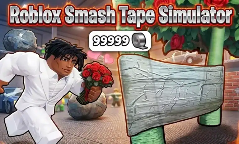 Roblox Smash Tape Simulator gameplay featuring a character holding a bouquet of roses, with a large wooden sign and vibrant game environment, highlighting game features and updates.