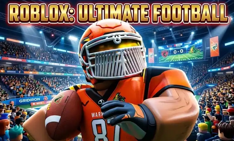 Roblox Ultimate Football game featuring a football player in an orange helmet and uniform holding a football in a packed stadium.