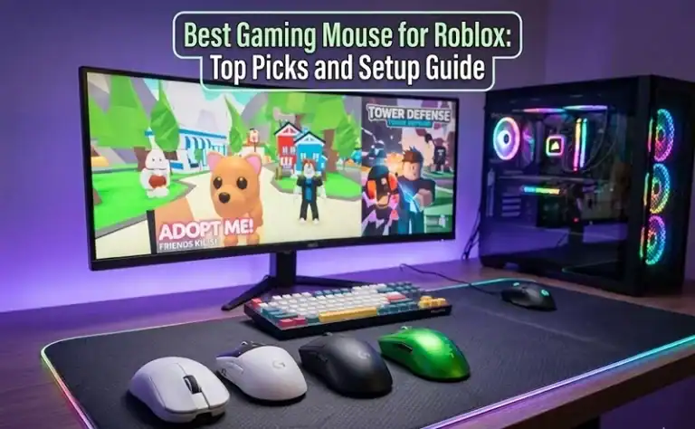 Modern gaming mouse setup for Roblox with colorful RGB lighting, featuring multiple mice on a desk with a gaming PC and monitor displaying Roblox scenes, ideal for gamers.